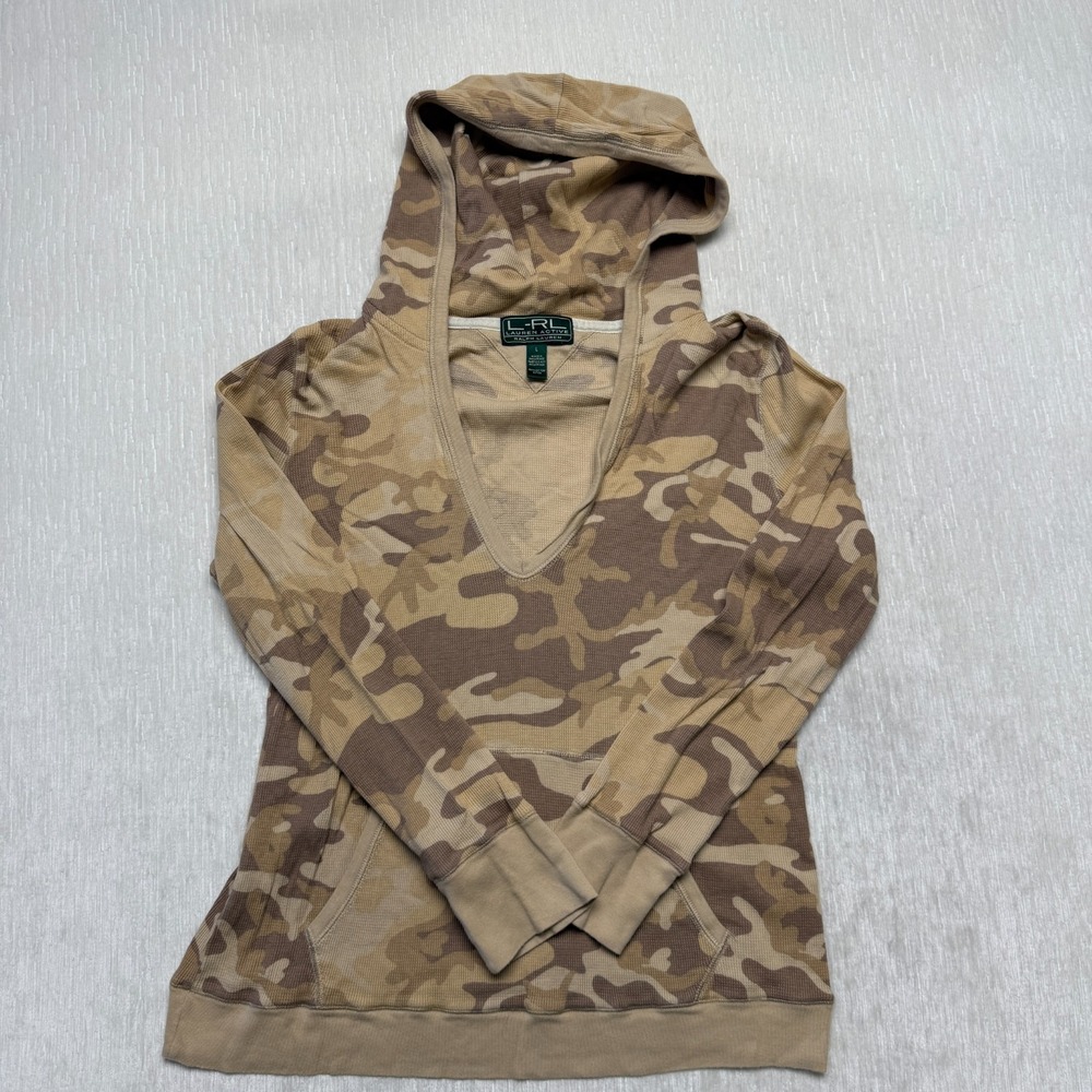 Ralph Lauren Camo Pullover Waffle Knit Women Large Brown Thermal Streetwear Hood